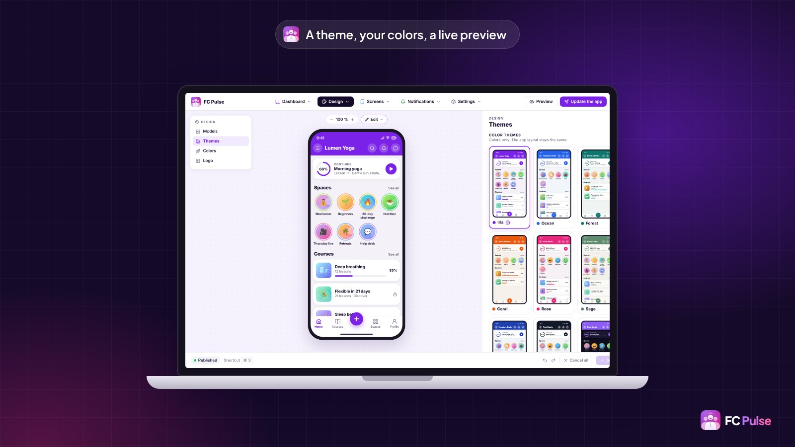 The FC Pulse Themes screen in WordPress, on a laptop: the app preview on a phone in the center and the list of color themes on the right.