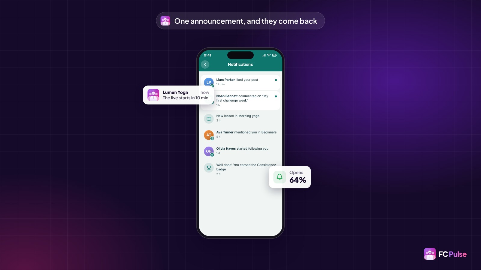 A phone showing a member’s notifications in FC Pulse, with a “The live starts in 10 min” notification and a card showing 64% opens.