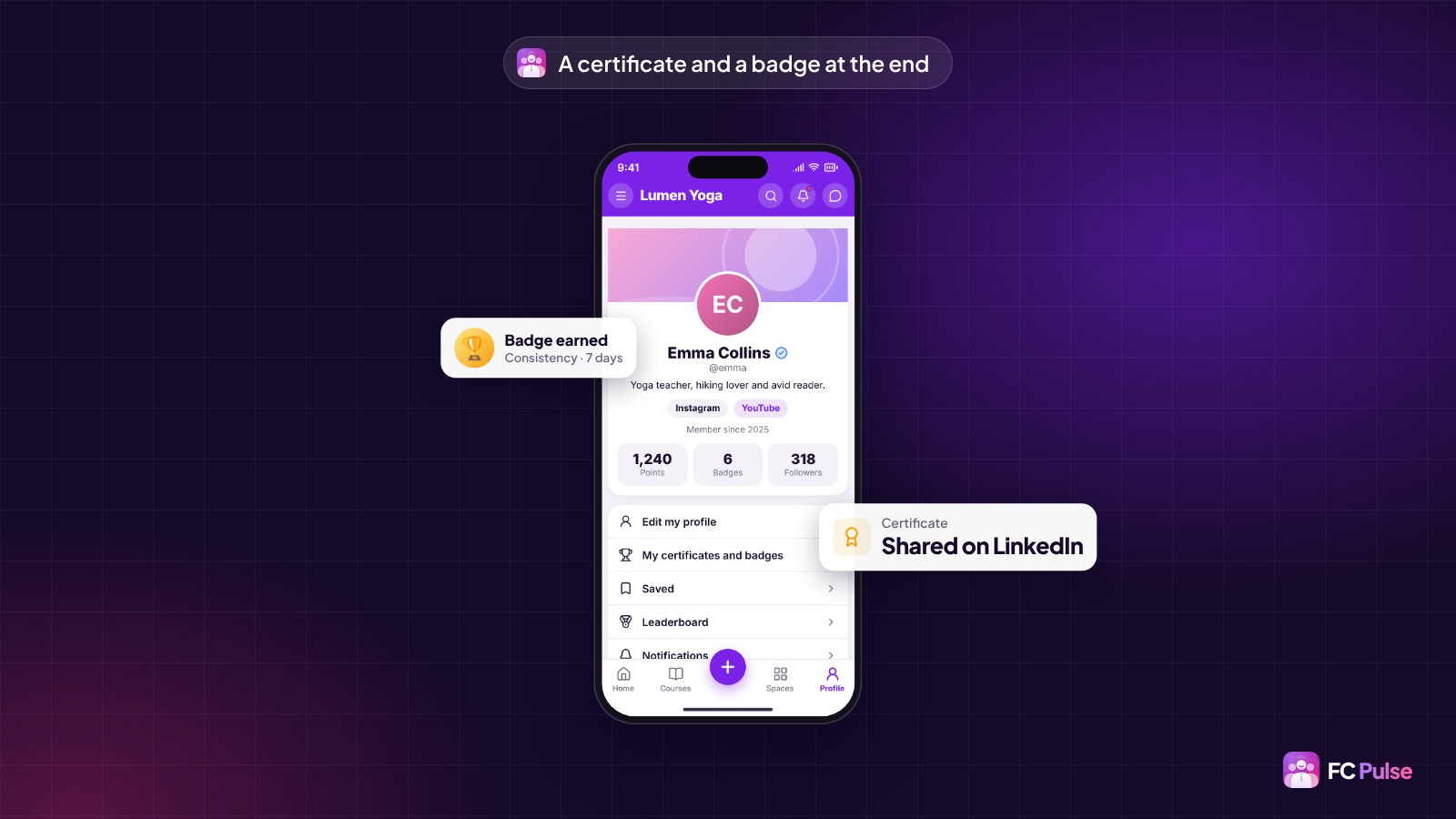 A phone with a fictional member’s profile in FC Pulse, a Badge earned card and a Certificate shared on LinkedIn card.