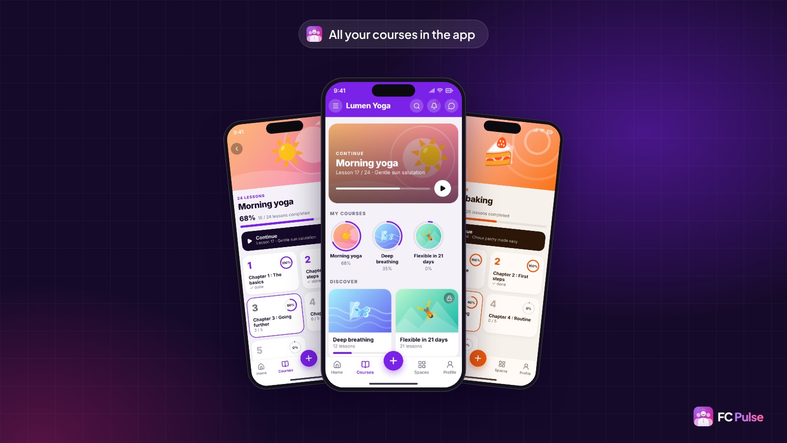 Three phones with the FC Pulse app: the course list of a fictional yoga community, the chapters of Morning yoga and the chapters of a home baking course.