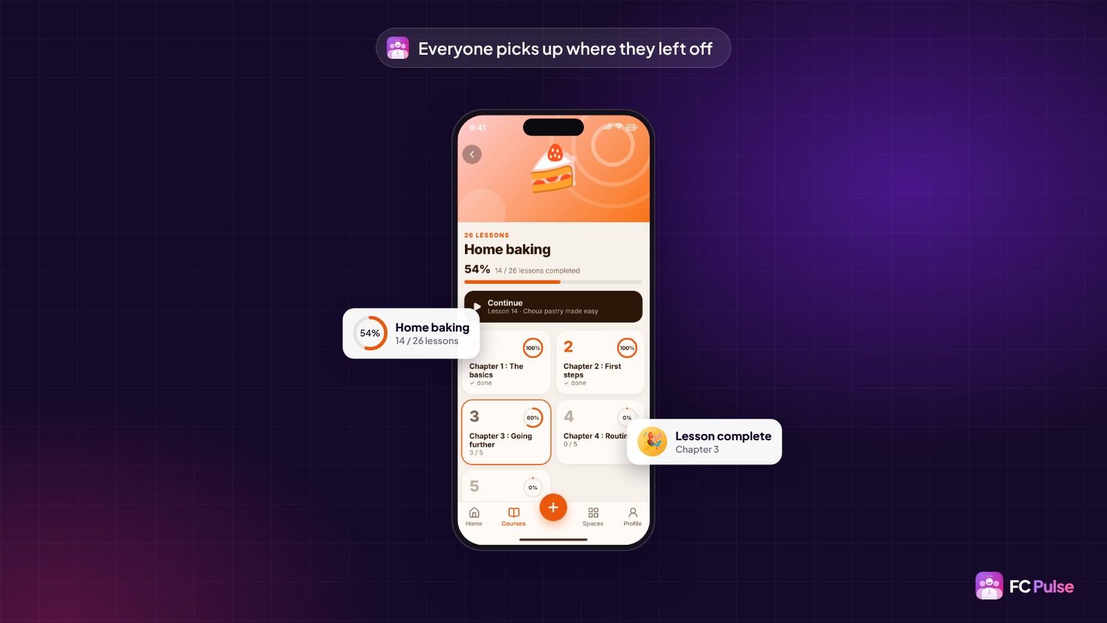 A phone with the chapters of a fictional baking course in FC Pulse, 54% progress, a 14 of 26 lessons card and a Lesson complete card.