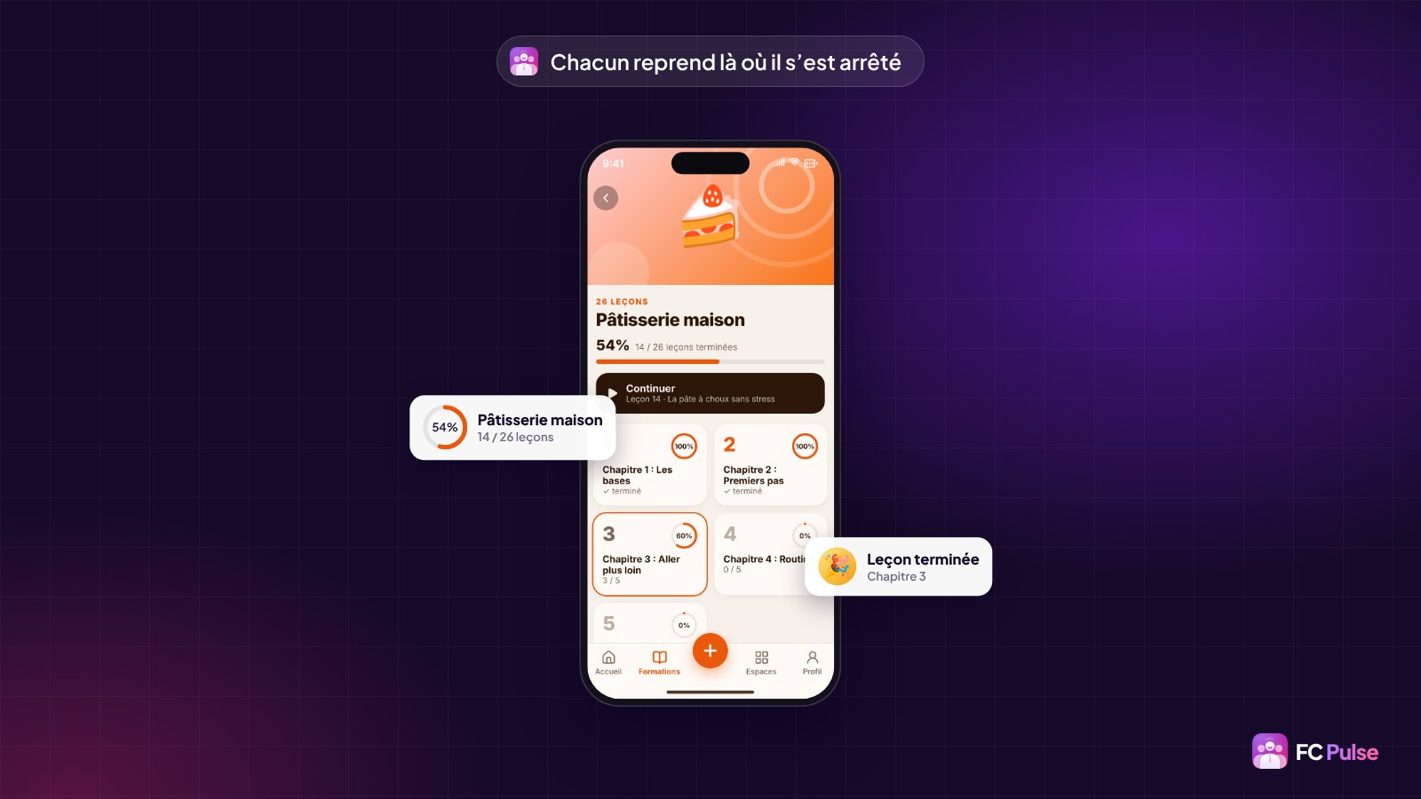 Un téléphone avec les chapitres d’une formation de pâtisserie fictive dans FC Pulse, 54 % de progression, une carte 14 sur 26 leçons et une carte Leçon terminée.