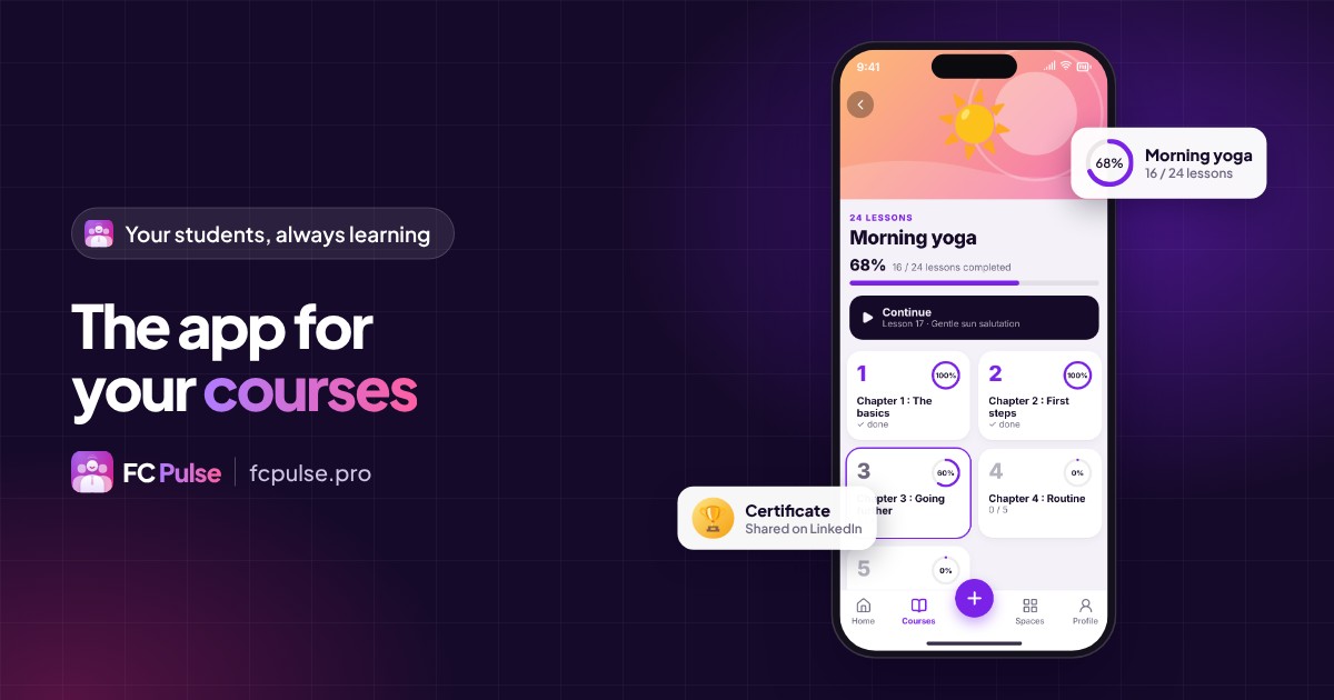 Featured image: “The app for your courses”, with a phone showing a fictional yoga course in FC Pulse, a progress card and a certificate card.