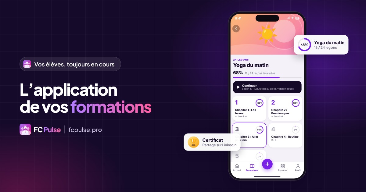 Image à la une : « L’application de vos formations », avec un téléphone affichant une formation de yoga fictive dans FC Pulse, une carte de progression et une carte certificat.