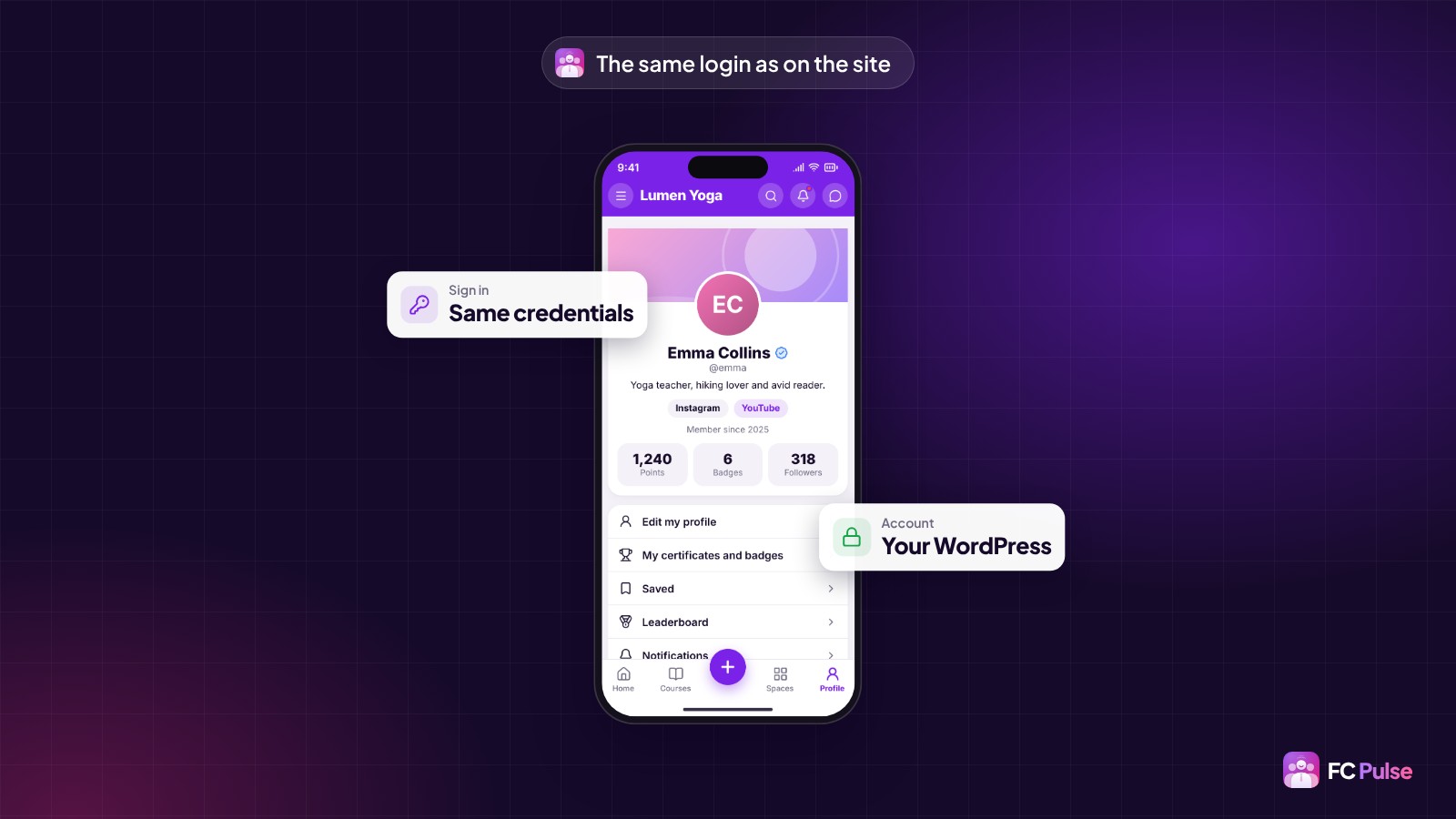 A phone with a fictional member’s profile in the FC Pulse app, surrounded by two cards: sign in with the same credentials and WordPress account.