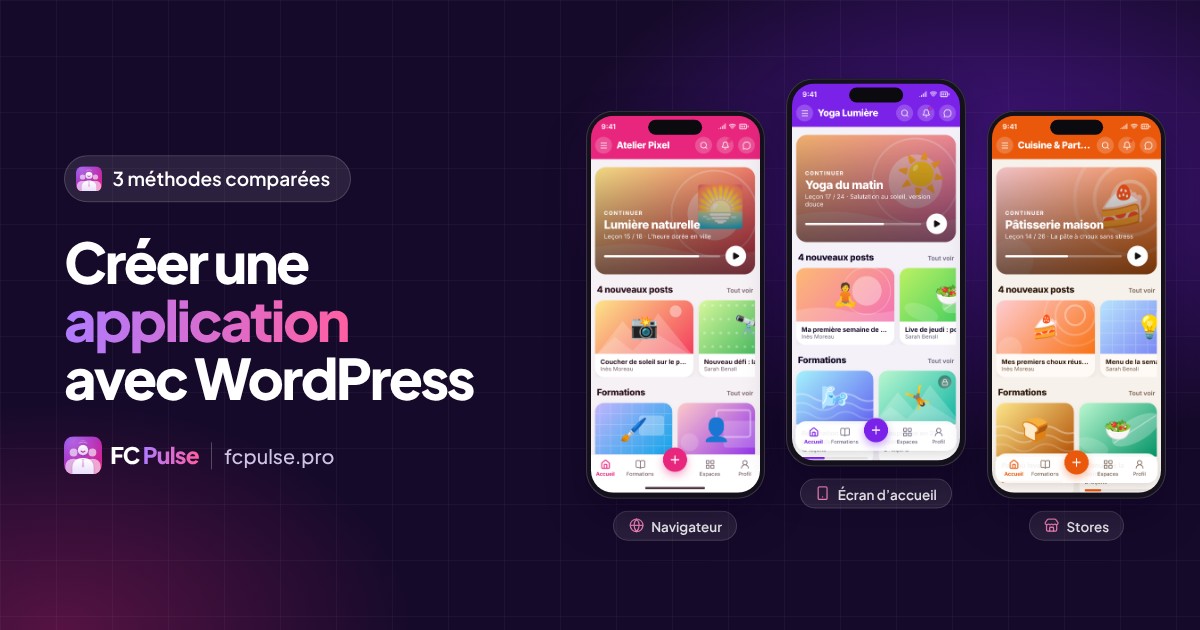 Image à la une : « Créer une application avec WordPress », avec trois téléphones étiquetés Navigateur, Écran d’accueil et Stores, affichant des communautés fictives dans FC Pulse.