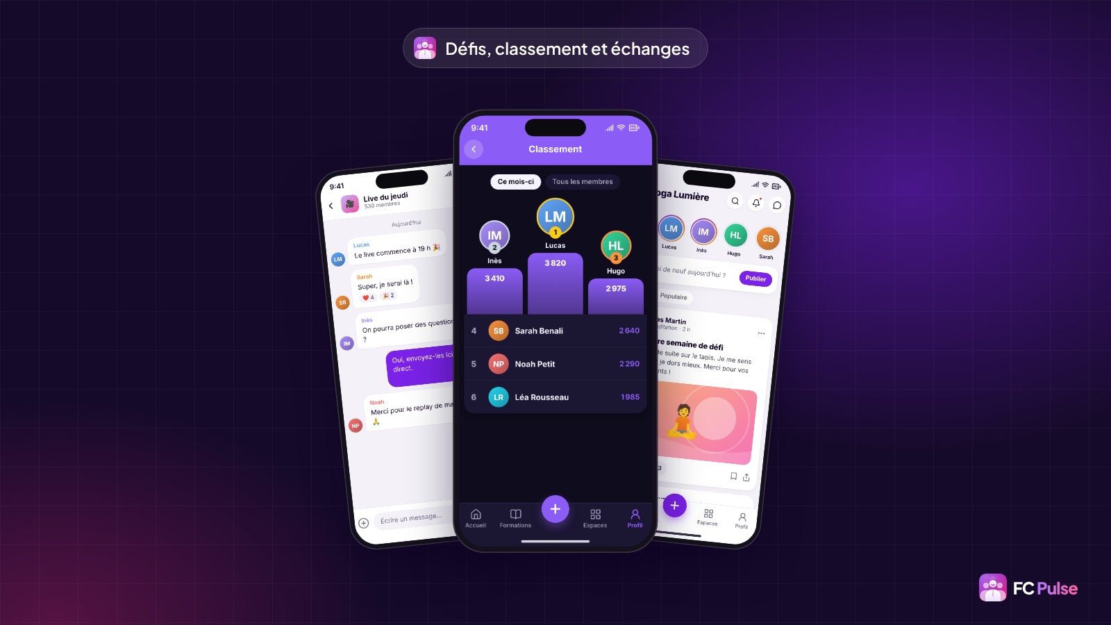 Trois téléphones avec l’app FC Pulse : le classement d’une communauté fictive, le chat d’un espace de yoga et le flux d’activité.