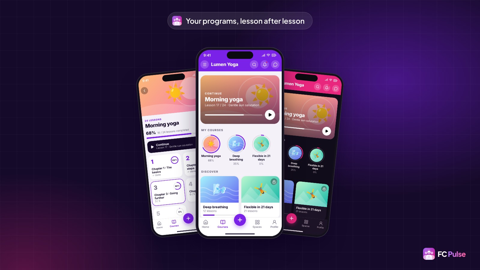 Three phones with the FC Pulse app of a fictional yoga community: the course list, the chapters of Morning yoga and another course list.