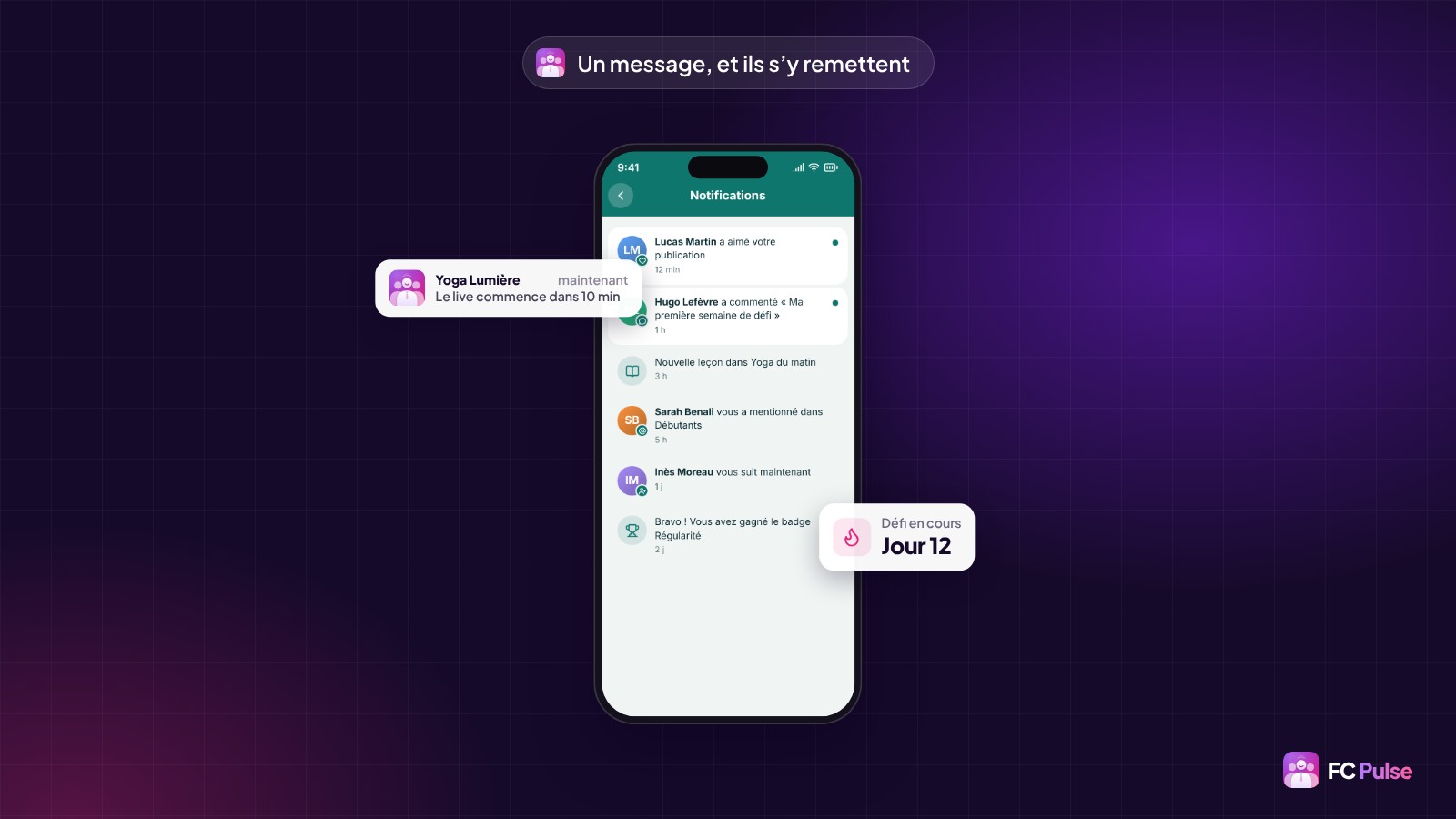 Un téléphone avec les notifications d’une membre dans FC Pulse, une notification « Le live commence dans 10 min » et une carte Défi en cours, jour 12.