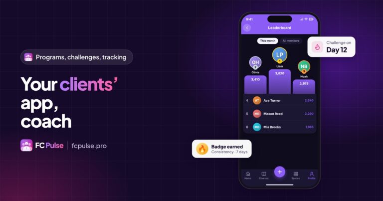 Featured image: “Your clients’ app, coach”, with a phone showing a fictional community leaderboard in FC Pulse, a Challenge on card and a Badge earned card.
