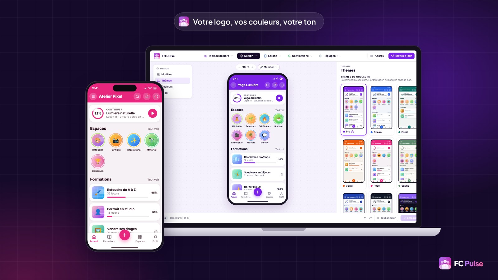 L’écran Thèmes de FC Pulse dans WordPress sur un ordinateur portable, à côté d’un téléphone affichant l’app d’une communauté fictive aux couleurs roses.