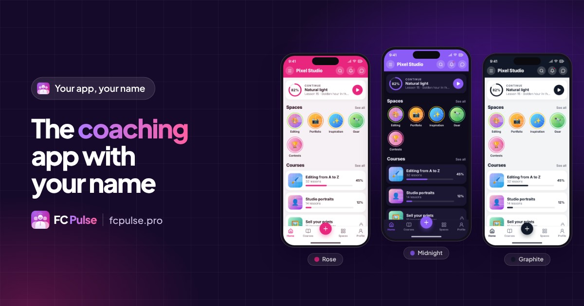 Featured image: “The coaching app with your name”, with three phones in three color themes: Rose, Midnight and Graphite.