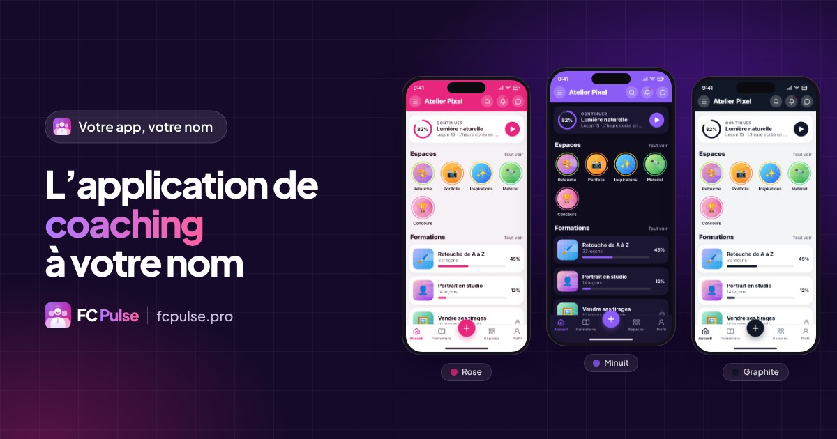 Image à la une : « L’application de coaching à votre nom », avec trois téléphones dans trois thèmes de couleur : Rose, Minuit et Graphite.