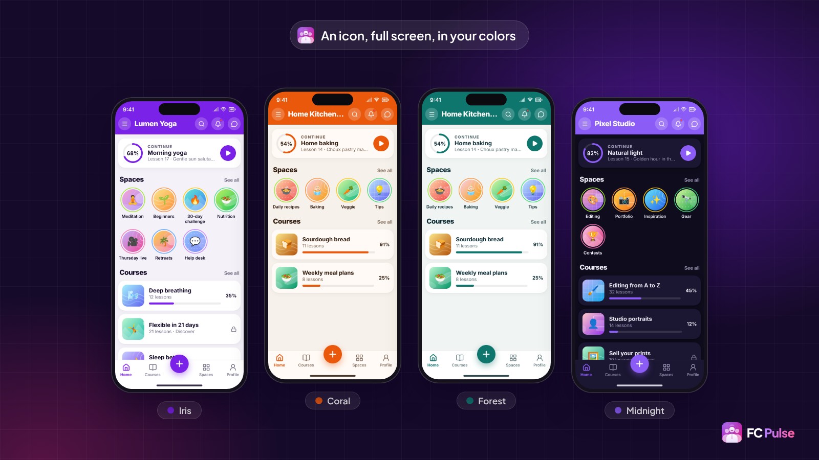Four phones side by side with the FC Pulse app of fictional communities, each in a different color theme: Iris, Coral, Forest and Midnight.