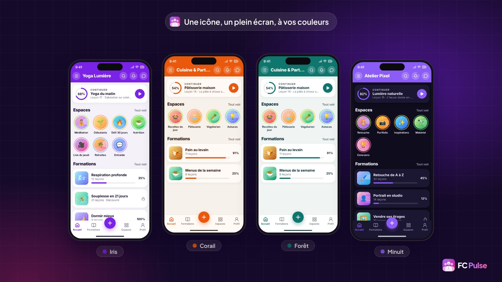 Quatre téléphones côte à côte avec l’app FC Pulse de communautés fictives, chacun dans un thème de couleur différent : Iris, Corail, Forêt et Minuit.