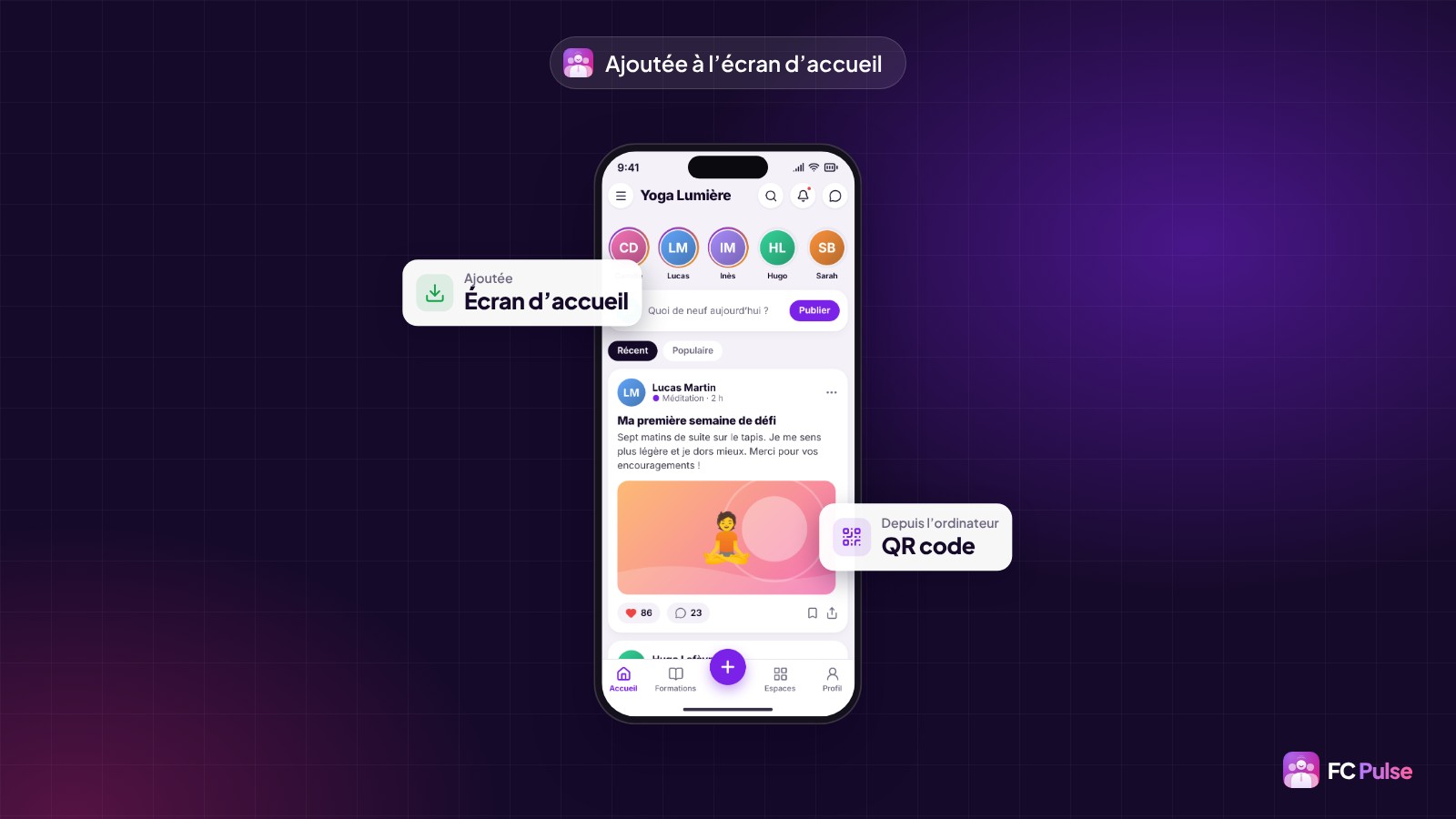 Un téléphone avec le flux d’activité d’une communauté de yoga fictive dans FC Pulse, une carte Ajoutée à l’écran d’accueil et une carte QR code depuis l’ordinateur.