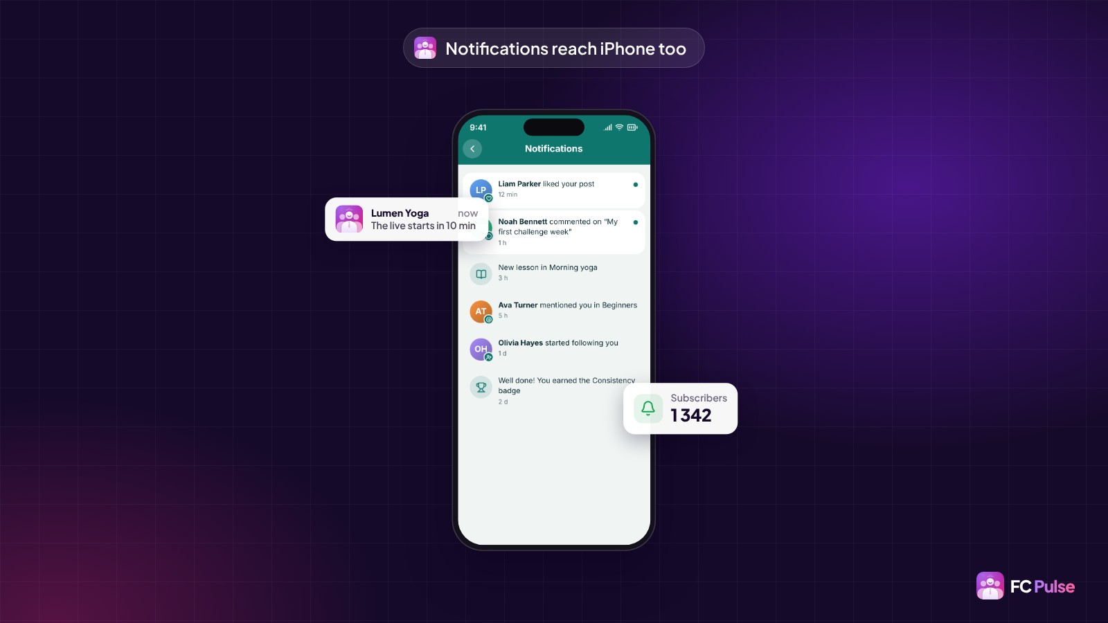 A phone with a member’s notifications in FC Pulse, a “The live starts in 10 min” notification and a card showing 1,342 subscribers.