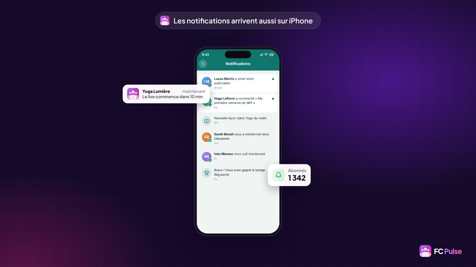 Un téléphone avec les notifications d’une membre dans FC Pulse, une notification « Le live commence dans 10 min » et une carte de 1 342 abonnés.