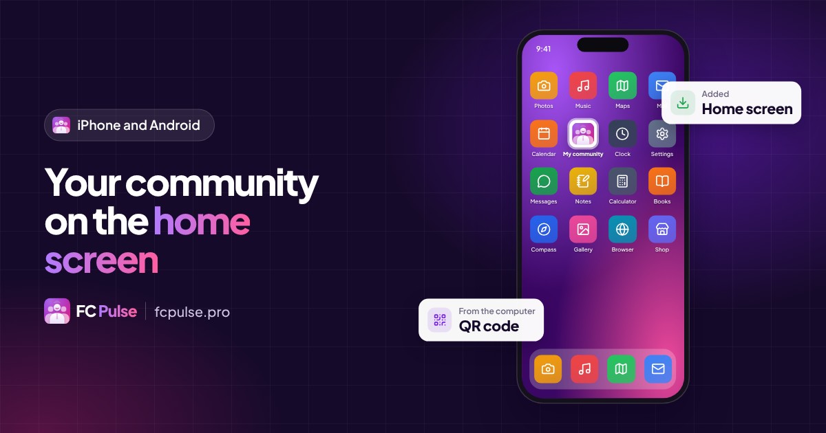 Featured image: “Your community on the home screen”, with a phone home screen where the community icon sits among the other apps, and a QR code card.
