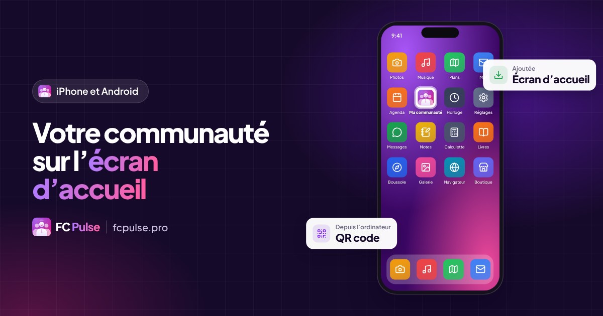 Image à la une : « Votre communauté sur l’écran d’accueil », avec l’écran d’accueil d’un téléphone où l’icône de la communauté se trouve parmi les autres applications, et une carte QR code.