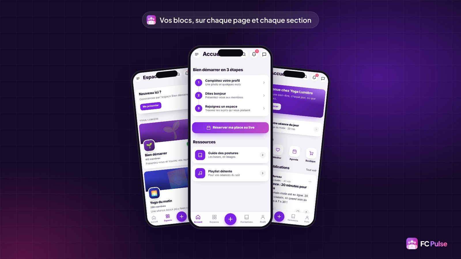 Trois téléphones avec l’app FC Pulse d’une communauté de yoga fictive : les espaces avec une bannière au-dessus, une page « Bien démarrer en 3 étapes » avec un bouton et des ressources, et la page d’accueil en blocs.