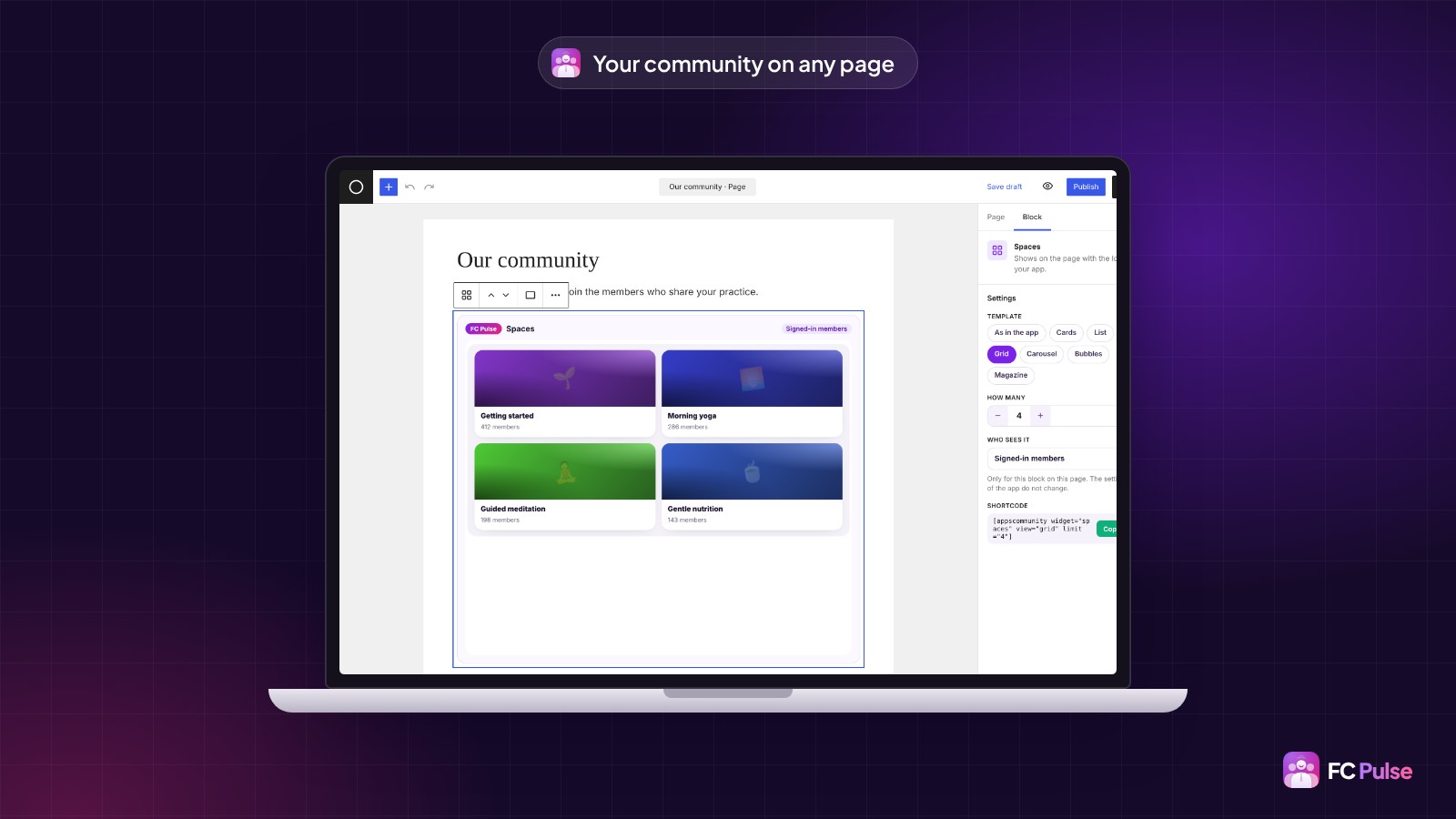 The WordPress block editor on a laptop: an “Our community” page with the FC Pulse Spaces block showing the real spaces of a fictional yoga community, and its Template, How many and Who sees it settings.