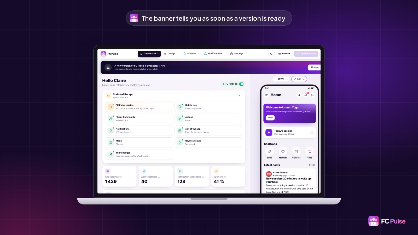 The FC Pulse editor in WordPress, on a laptop, with the banner “A new version of FC Pulse is available: 1.14.6” and its “Update” button at the top, above the dashboard of a fictional yoga community.