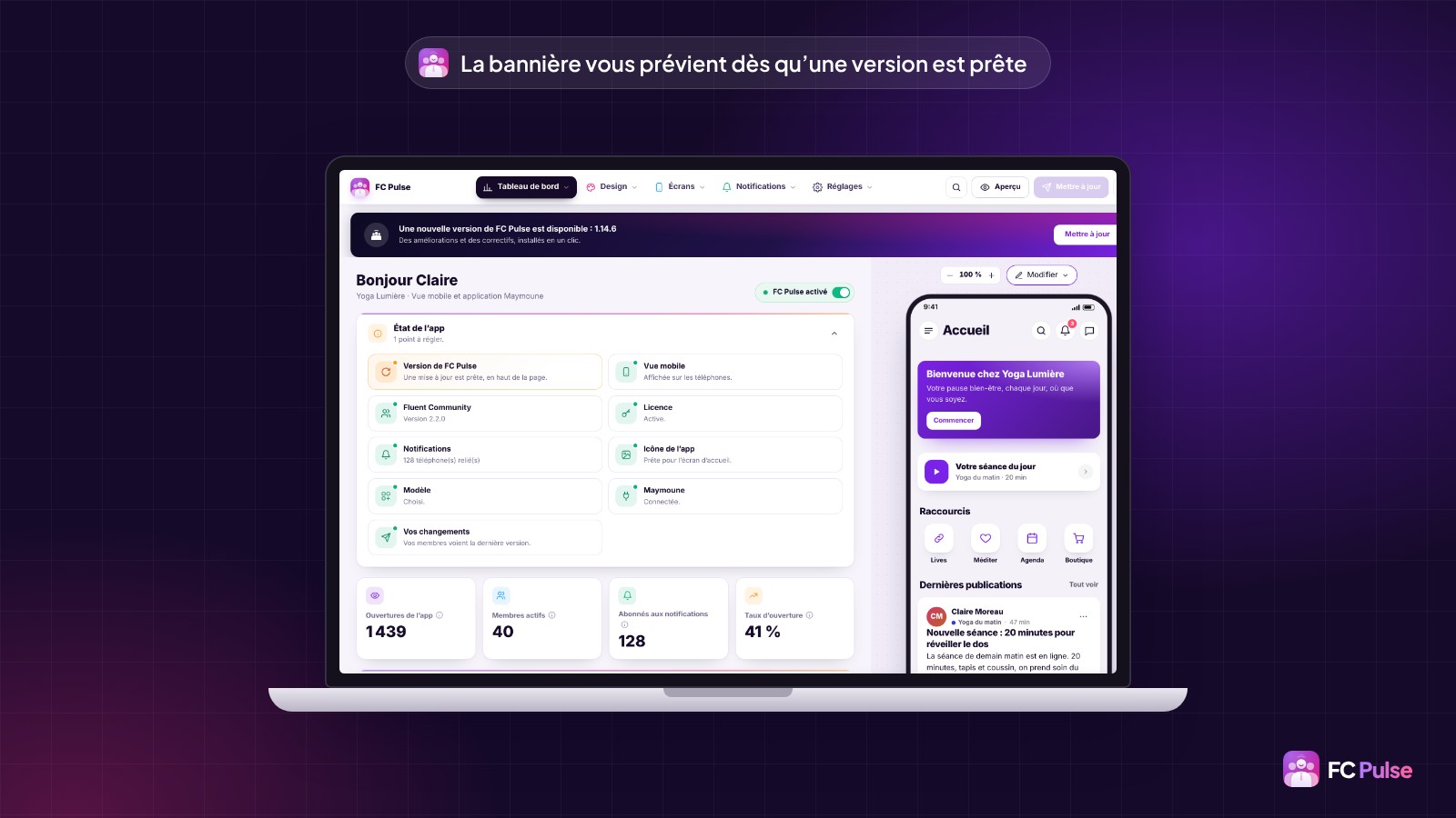 L’éditeur FC Pulse dans WordPress, sur un ordinateur portable, avec en haut la bannière « Une nouvelle version de FC Pulse est disponible : 1.14.6 » et son bouton « Mettre à jour », au-dessus du tableau de bord d’une communauté de yoga fictive.