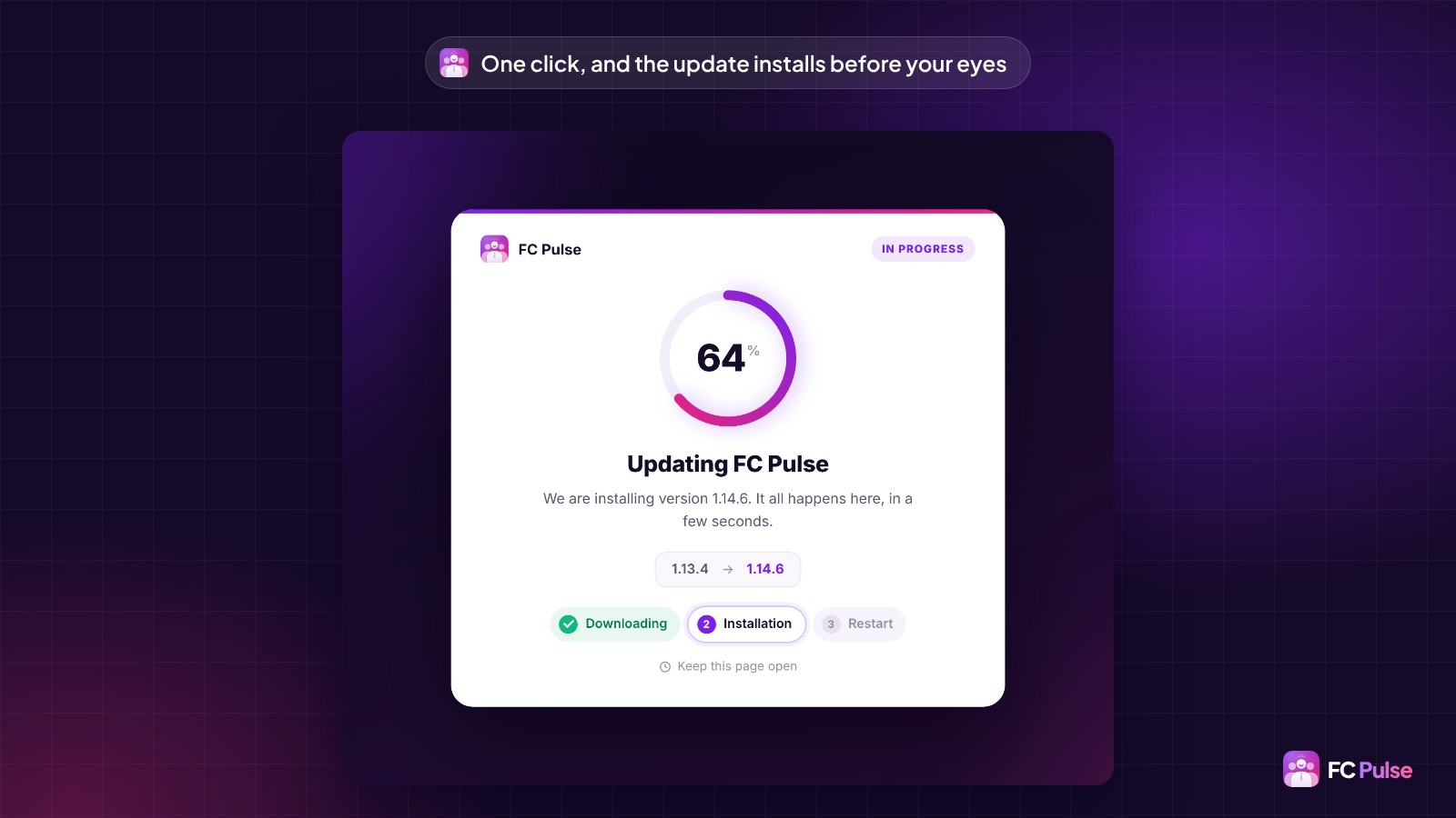 The FC Pulse update screen: a ring at 64 %, the title “Updating FC Pulse”, the move from version 1.13.4 to 1.14.6 and the three steps Downloading, Installation and Restart.