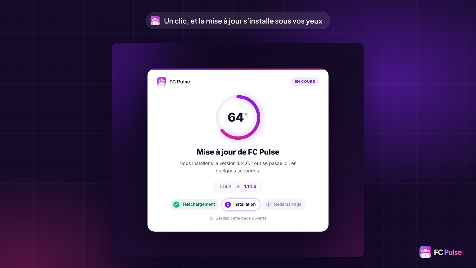 L’écran de mise à jour de FC Pulse : un anneau à 64 %, le titre « Mise à jour de FC Pulse », le passage de la version 1.13.4 à la 1.14.6 et les trois étapes Téléchargement, Installation et Redémarrage.