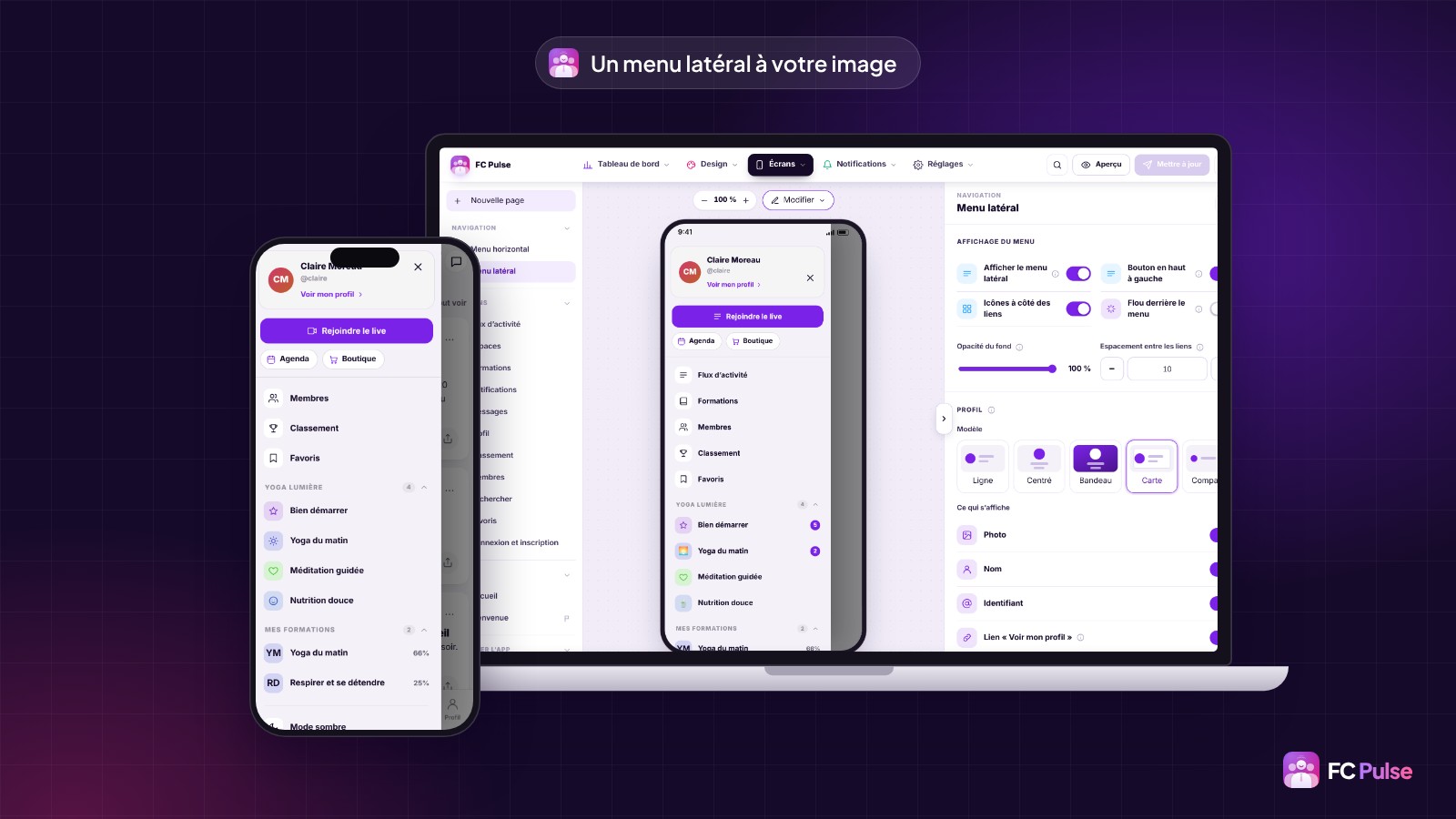 L’éditeur du menu latéral de FC Pulse dans WordPress, sur un ordinateur portable, et un téléphone avec le menu ouvert d’une communauté de yoga fictive : profil en carte, grand bouton « Rejoindre le live », raccourcis Agenda et Boutique, espaces avec leurs icônes.
