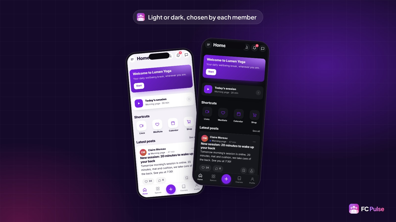 Two phones with the same home page of a fictional yoga community in FC Pulse: one in light mode, the other in dark mode.