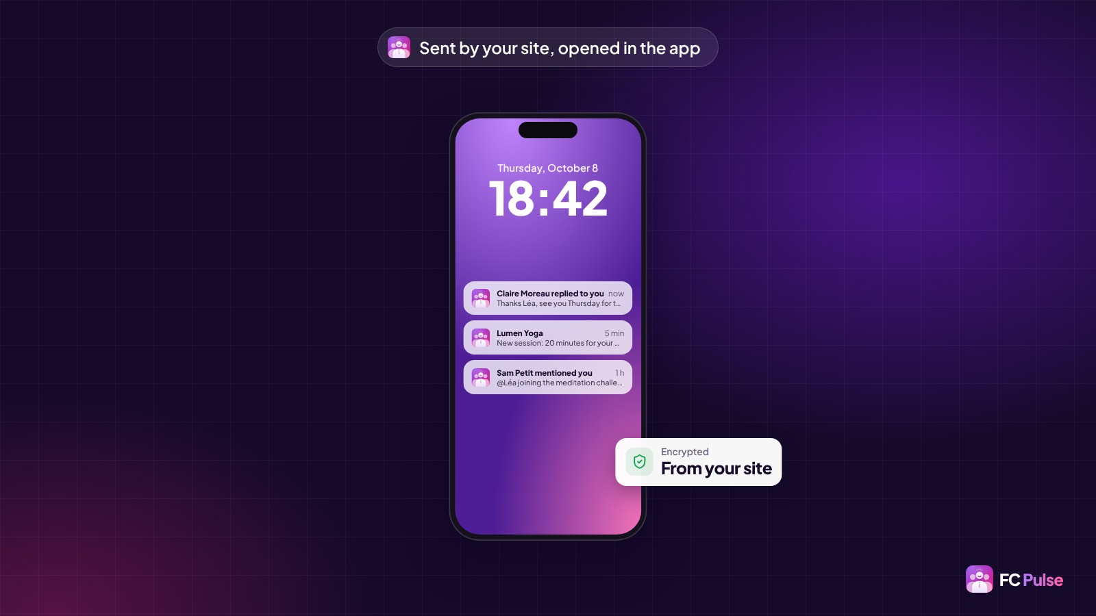 The lock screen of a phone with three notifications from a fictional yoga community: a reply to a comment with its text, a new session and a mention, next to an “Encrypted, from your site” card.