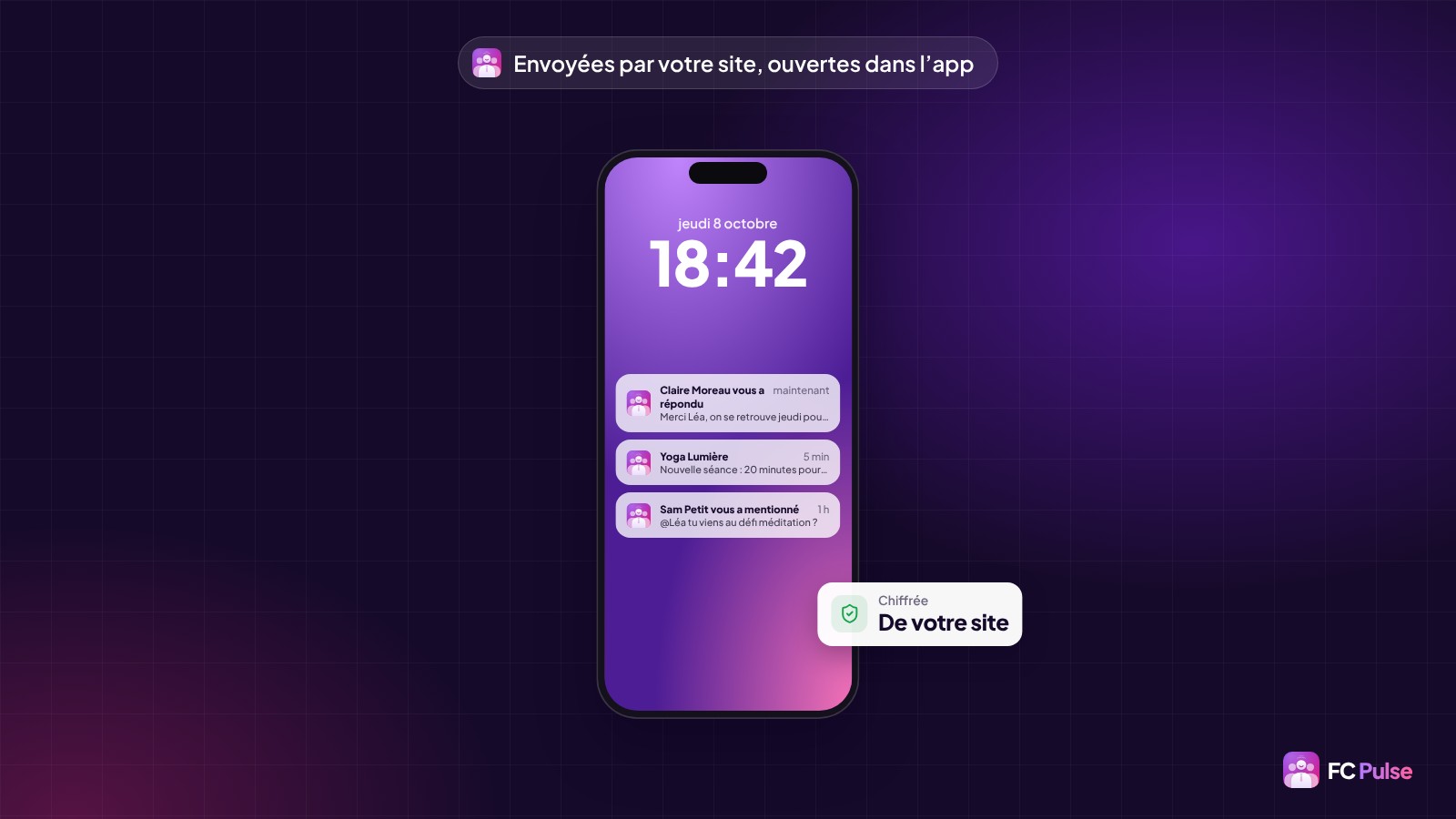 L’écran verrouillé d’un téléphone avec trois notifications d’une communauté de yoga fictive : une réponse à un commentaire avec son texte, une nouvelle séance et une mention, à côté d’une carte « Chiffrée, de votre site ».