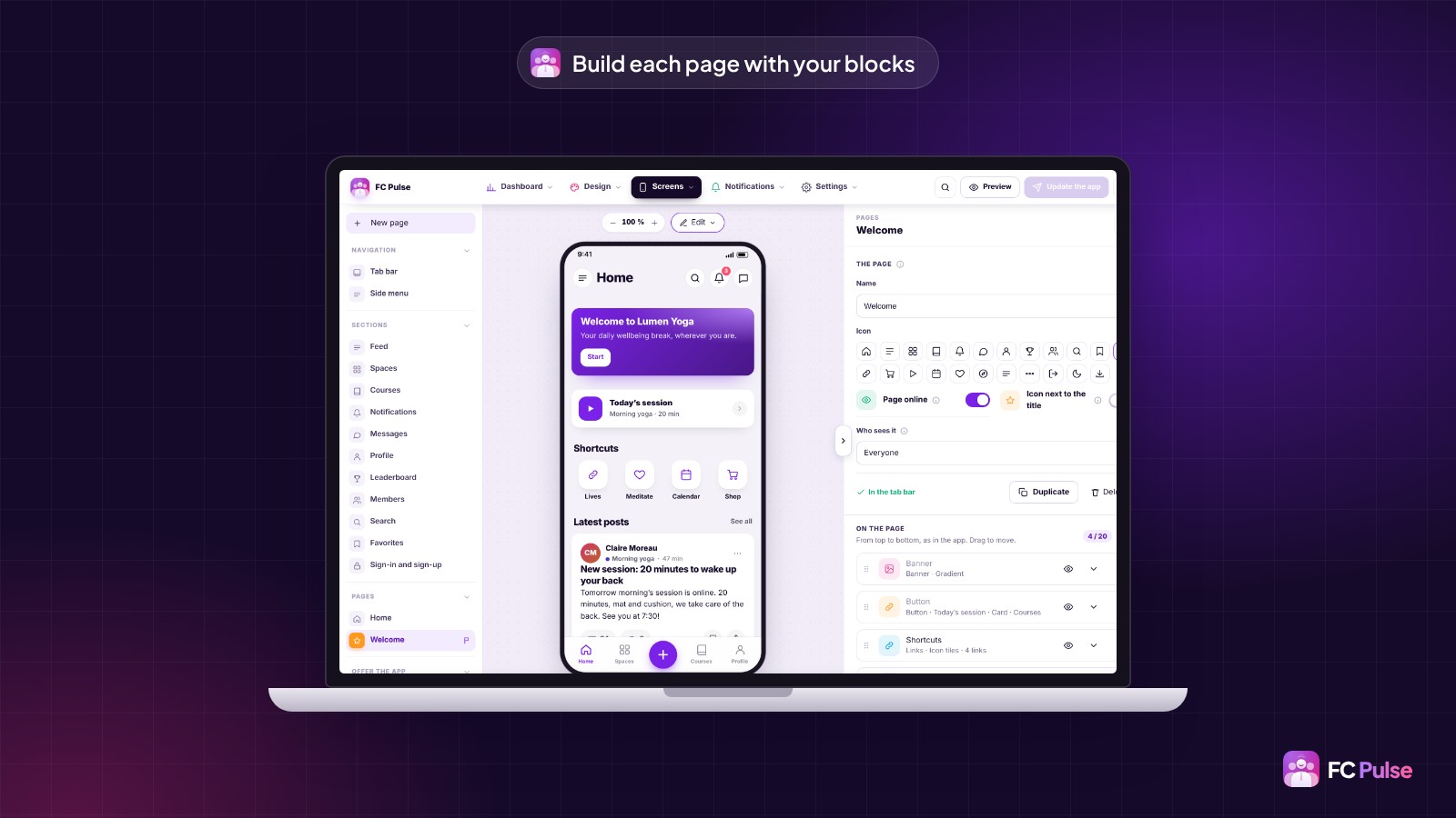 The FC Pulse editor in WordPress, on a laptop: the Welcome page being built, with its phone preview and its list of Banner, Button and Shortcuts blocks.