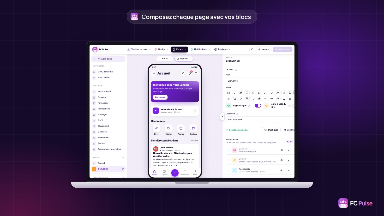 L’éditeur de FC Pulse dans WordPress, sur un ordinateur portable : la page Bienvenue en cours de création, avec son aperçu sur téléphone et la liste de ses blocs Bannière, Bouton et Raccourcis.