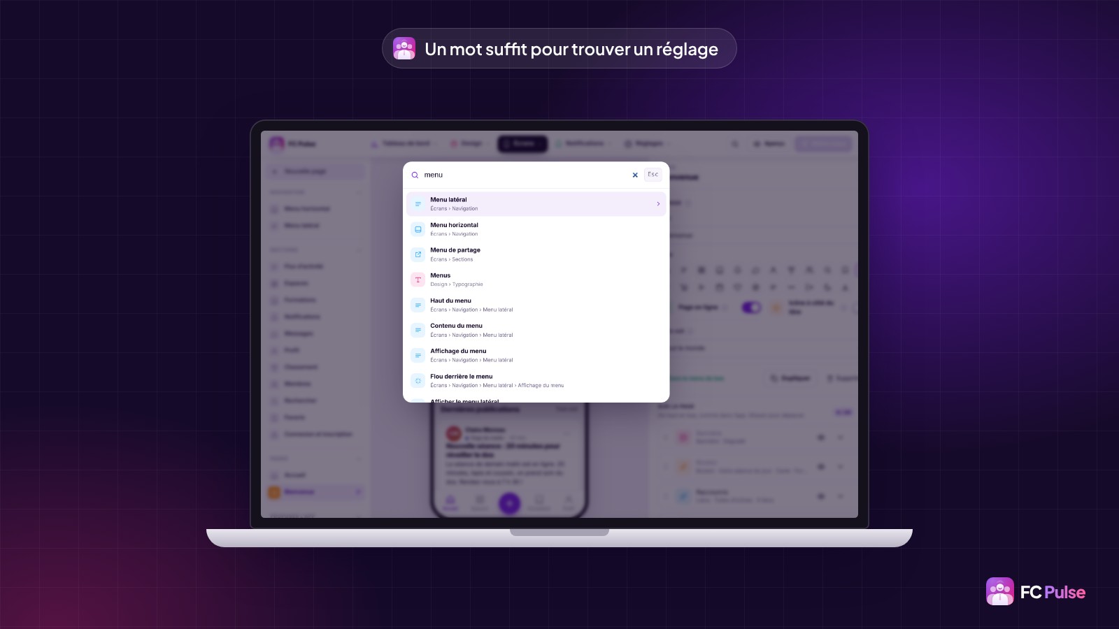 L’éditeur de FC Pulse dans WordPress, sur un ordinateur portable, avec la recherche ouverte : le mot « menu » trouve le menu latéral, le menu horizontal, le menu de partage et leurs réglages.
