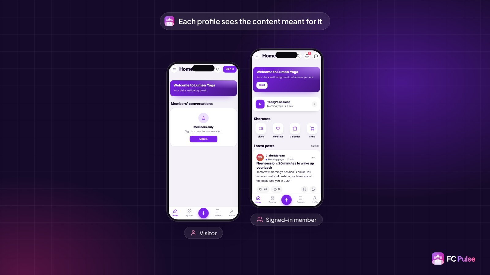 Two phones with the same app of a fictional yoga community: on the left, a visitor sees a “Members only” message inviting them to sign in; on the right, a signed-in member sees the whole home page.