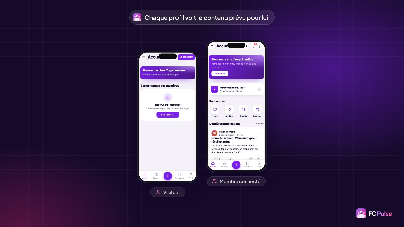 Deux téléphones avec la même app d’une communauté de yoga fictive : à gauche, un visiteur voit un message « Réservé aux membres » qui l’invite à se connecter ; à droite, un membre connecté voit toute la page d’accueil.