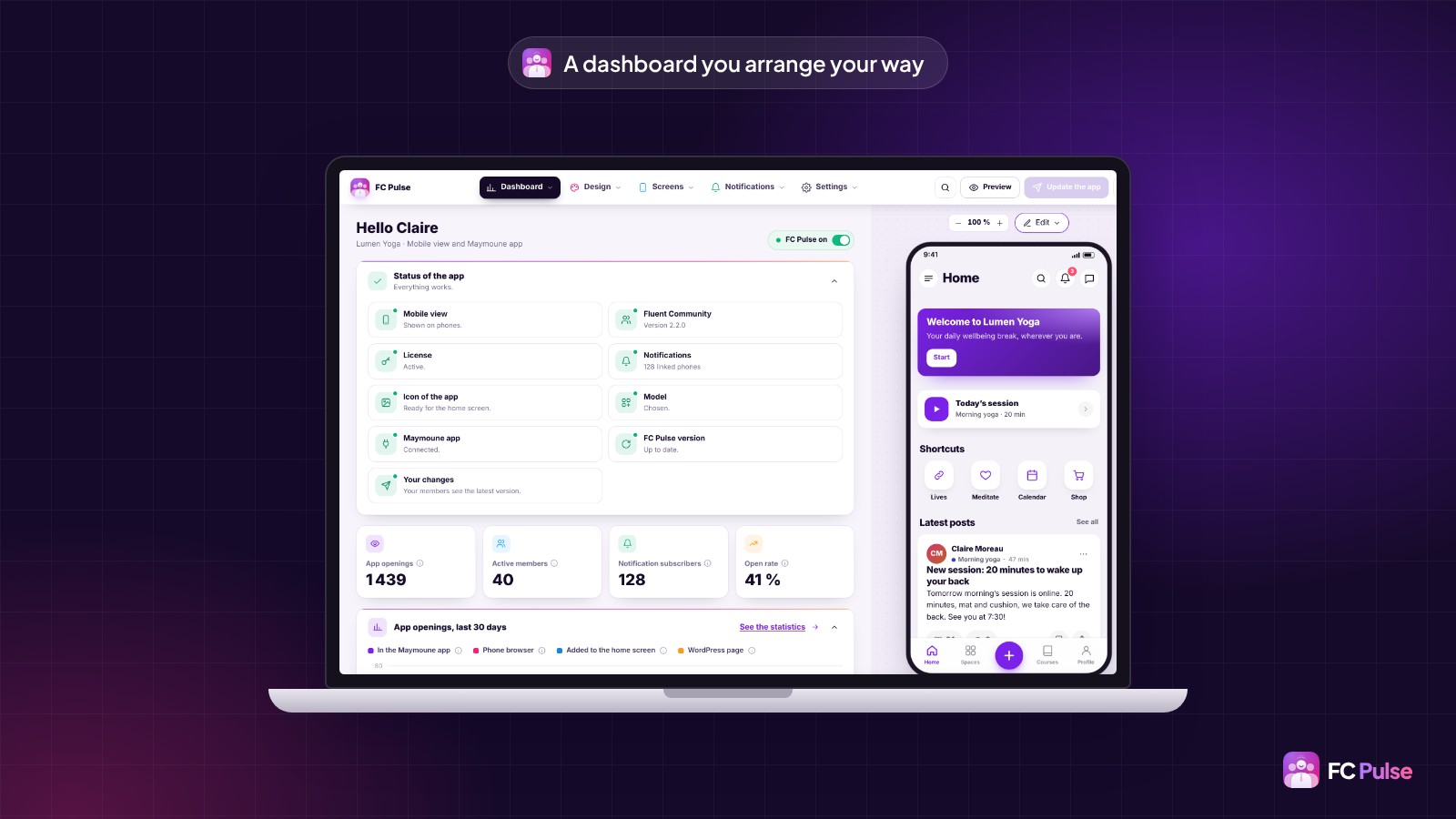 The FC Pulse dashboard in WordPress, on a laptop: the status of the app with all lights green, app openings, active members, notification subscribers and open rate, next to the app preview of a fictional yoga community.