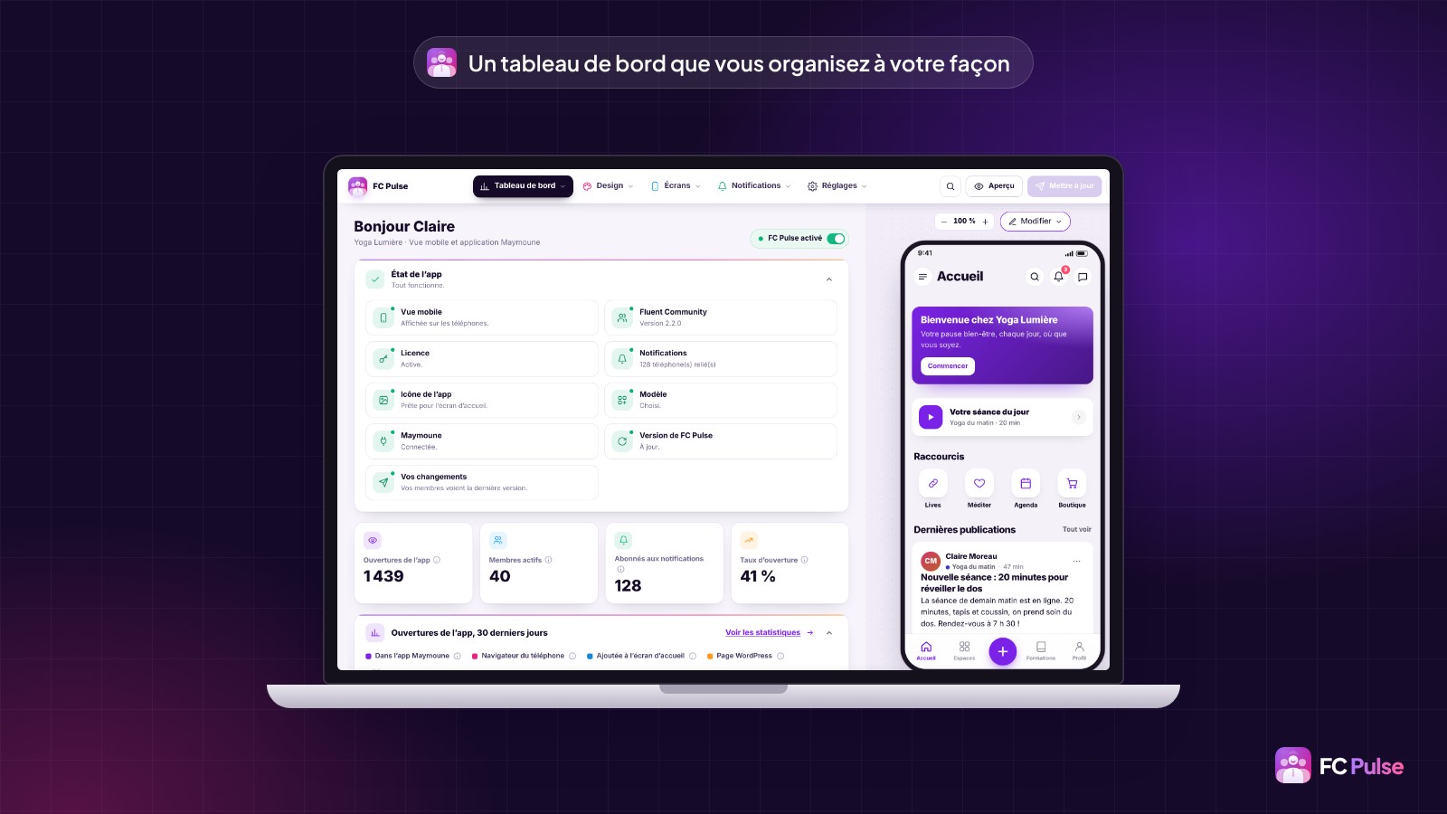Le tableau de bord de FC Pulse dans WordPress, sur un ordinateur portable : l’état de l’app avec tous ses voyants au vert, les ouvertures de l’app, les membres actifs, les abonnés aux notifications et le taux d’ouverture, à côté de l’aperçu de l’app d’une communauté de yoga fictive.
