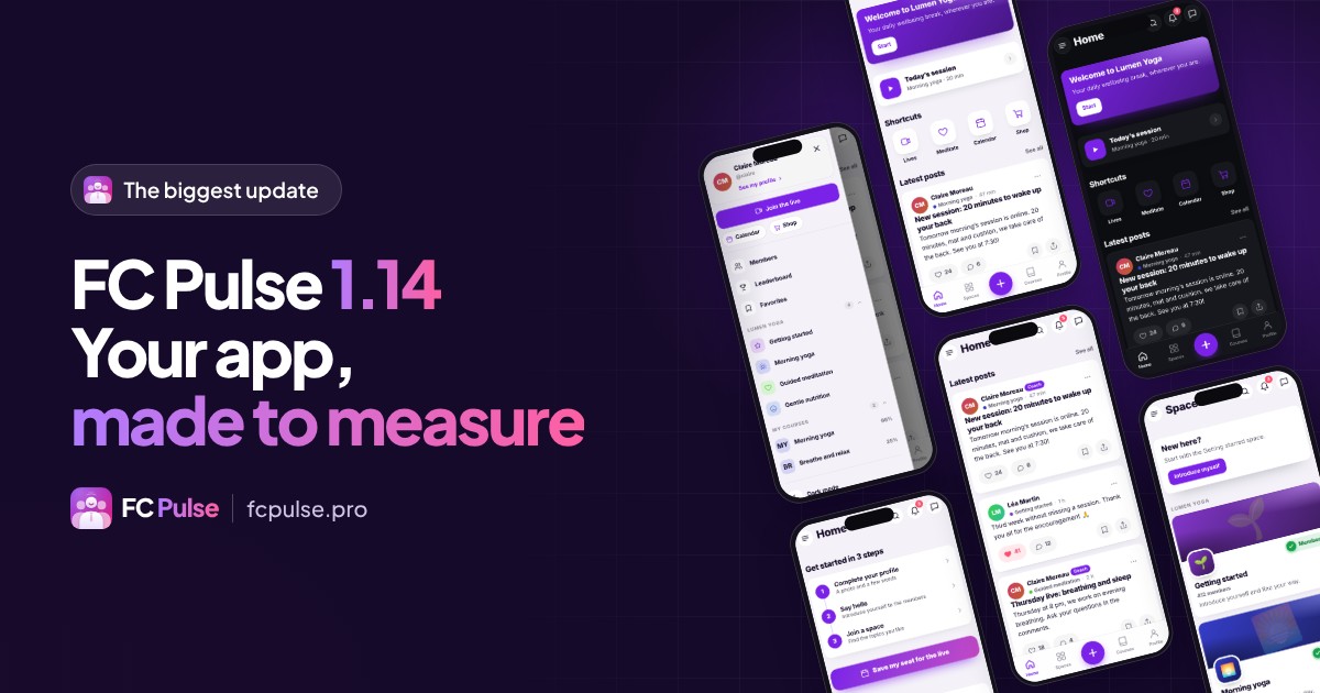 Featured image: “FC Pulse 1.14, your app, made to measure”, with tilted phones showing the app of a fictional yoga community: home page built from blocks, side menu, dark mode and spaces.