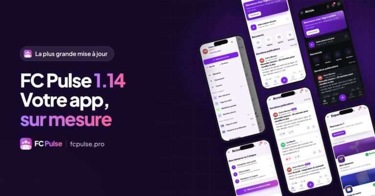 Image à la une : « FC Pulse 1.14, votre app sur mesure », avec des téléphones inclinés montrant l’app d’une communauté de yoga fictive : page d’accueil en blocs, menu latéral, mode sombre et espaces.
