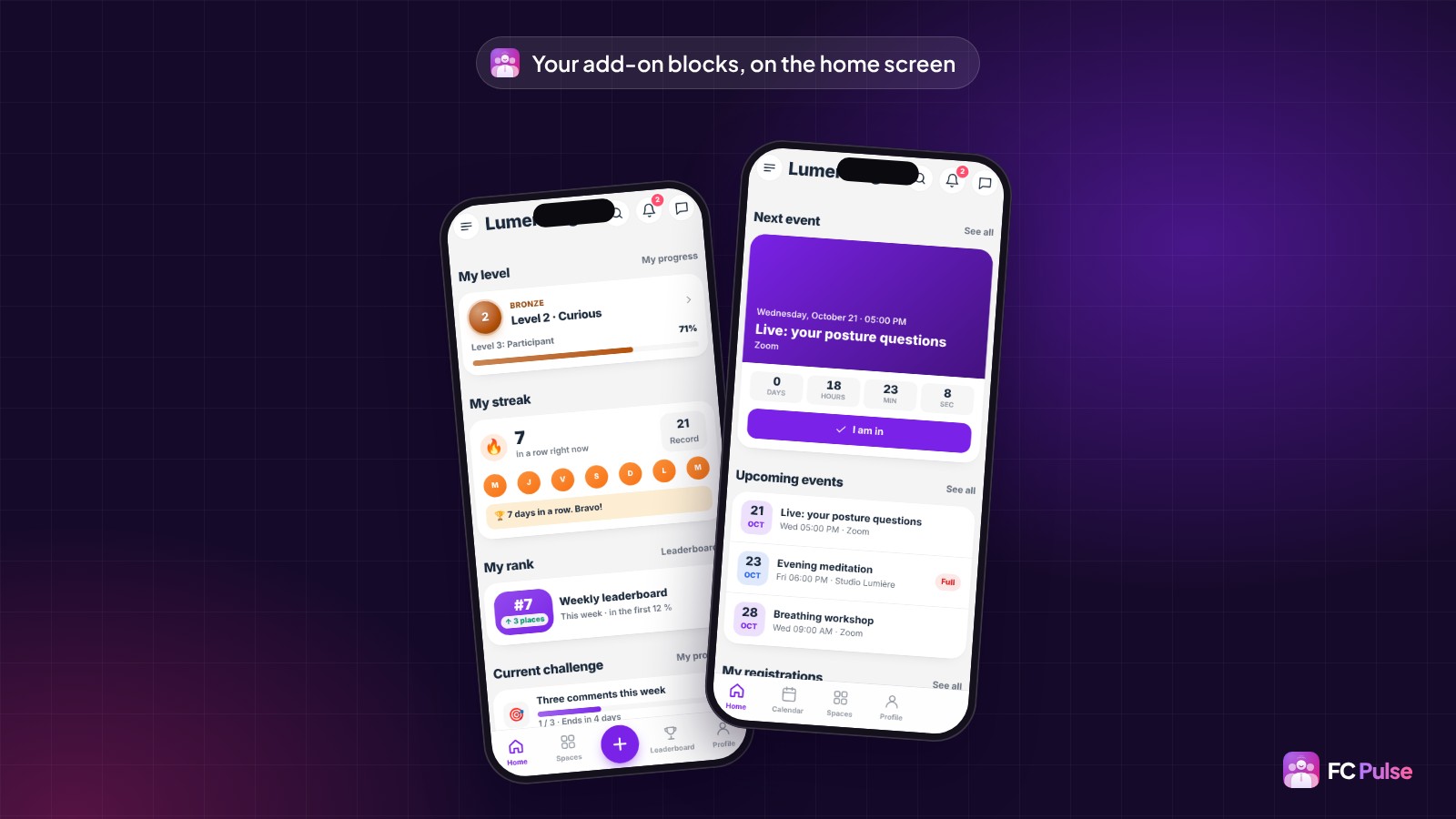 Two phones with the home screen of a fictional yoga community app: the Gamification blocks My level, My streak and My rank, and the Next event block with its "I'm going" button and Upcoming events.