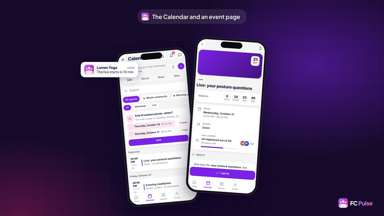 Two phones with the FC Pulse app of a fictional yoga community: the Calendar in month view with its events, and the page of the event "Live: your posture questions" with its countdown, date, number of attendees and the "I'm going" button.