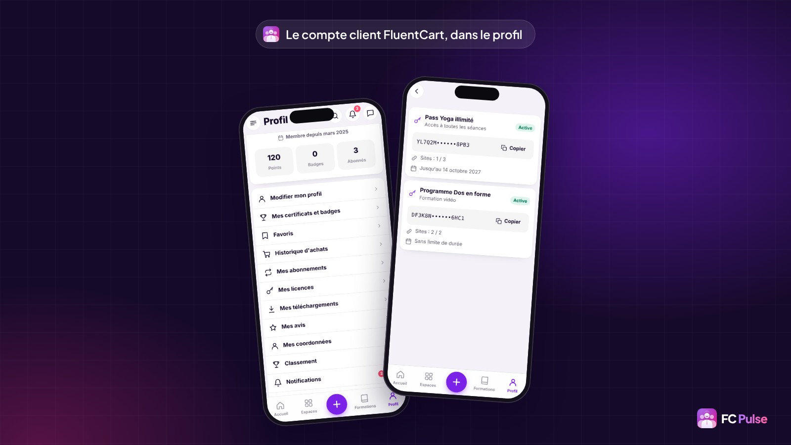 Deux téléphones avec l’app FC Pulse d’une communauté de yoga fictive : le profil avec les lignes Historique d’achats, Mes abonnements, Mes licences, Mes téléchargements, Mes avis et Mes coordonnées, et l’écran Mes licences avec la clé, le nombre de sites et la date de fin.