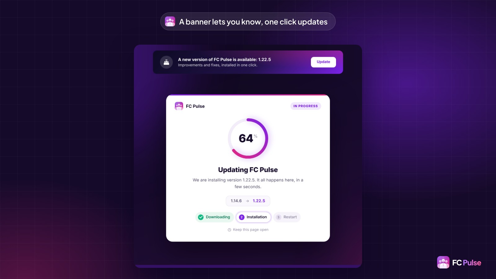 The banner "A new version of FC Pulse is available: 1.22.5" with its "Update" button, above the FC Pulse update screen: a ring at 64%, the move from version 1.14.6 to 1.22.5 and the Download, Installation and Restart steps.