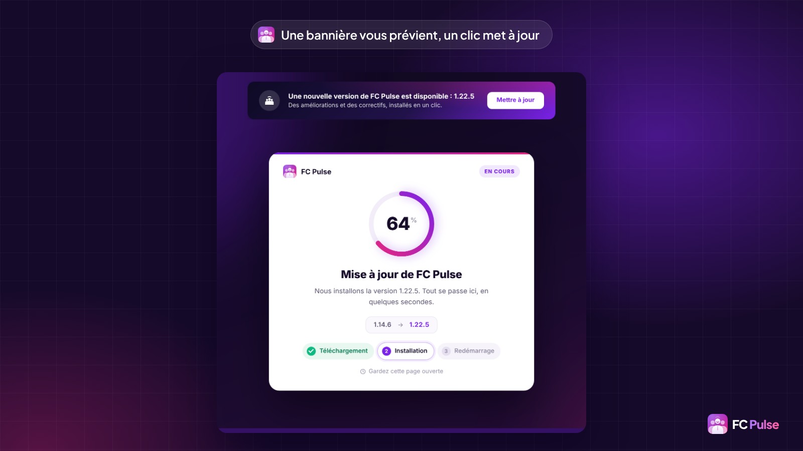 La bannière « Une nouvelle version de FC Pulse est disponible : 1.22.5 » avec son bouton « Mettre à jour », au-dessus de l’écran de mise à jour de FC Pulse : un anneau à 64 %, le passage de la version 1.14.6 à la 1.22.5 et les étapes Téléchargement, Installation et Redémarrage.