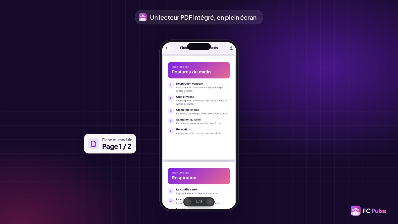 Un téléphone avec le lecteur PDF de FC Pulse ouvert en plein écran sur la fiche « Postures du matin » d’une communauté de yoga fictive, avec le numéro de page et les boutons pour agrandir.