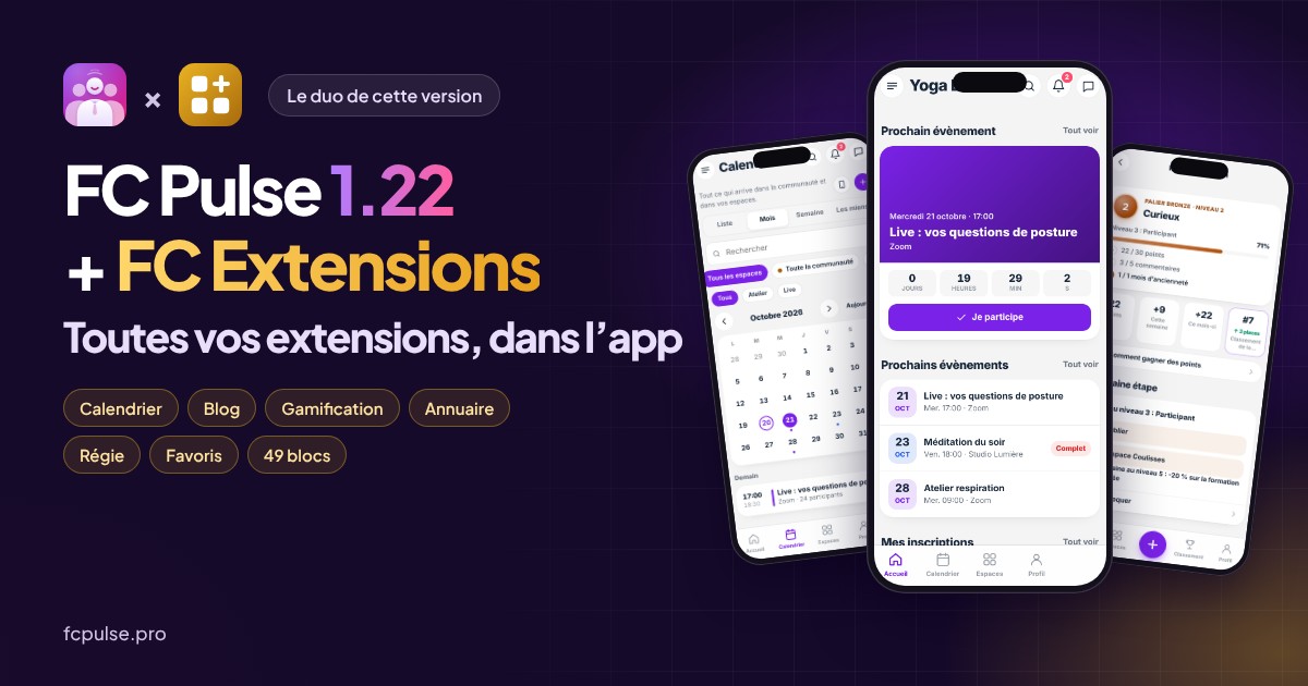 Image à la une : les logos de FC Pulse et de FC Extensions côte à côte, le titre « FC Pulse 1.22 + FC Extensions : toutes vos extensions, dans l’app », les étiquettes Calendrier, Blog, Gamification, Annuaire, Régie, Favoris et 49 blocs, et trois téléphones montrant l’app d’une communauté de yoga fictive : le Calendrier, l’accueil avec le prochain évènement et Ma progression.